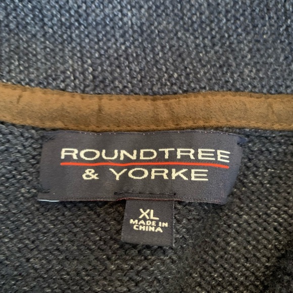 Roundtree & Yorke navy blue Cable Knit Sweater cardigan leather buttons collared - Picture 7 of 8
